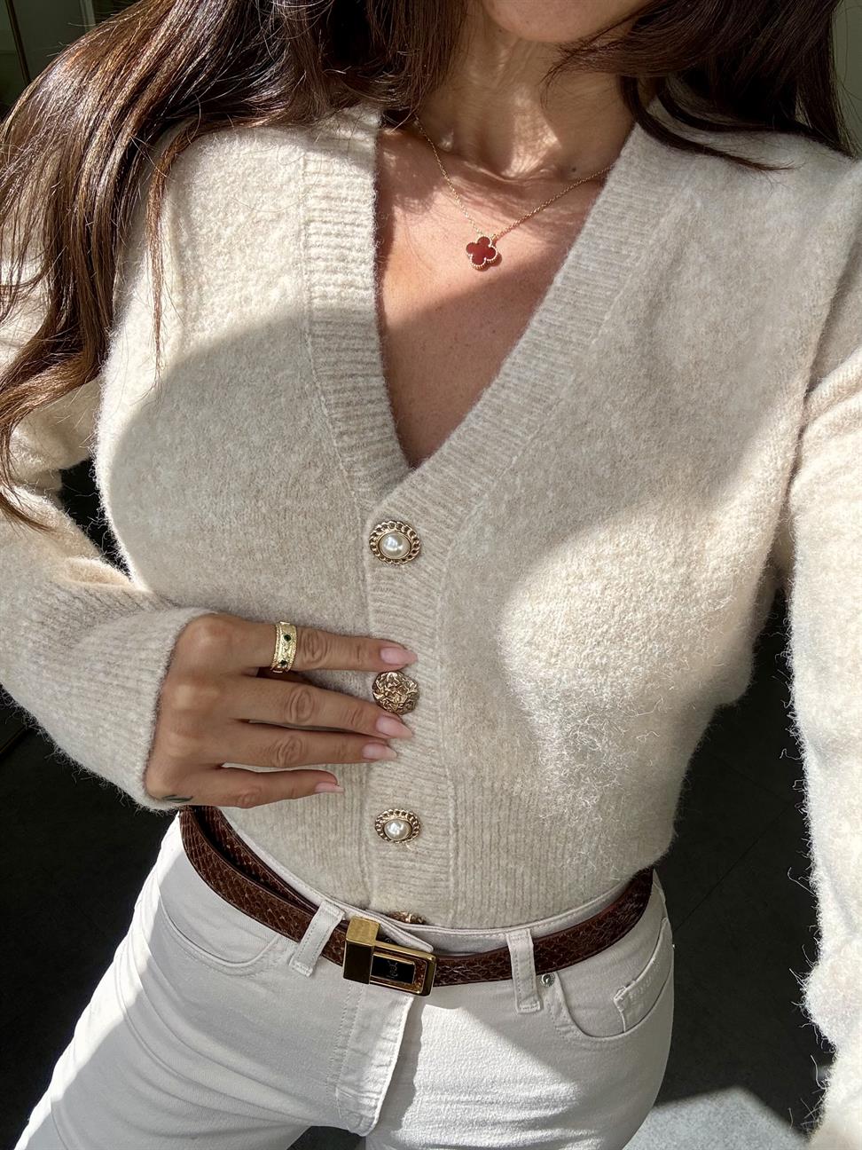 Açık Bej Melanj V Yaka Düğmeli Triko Hırka