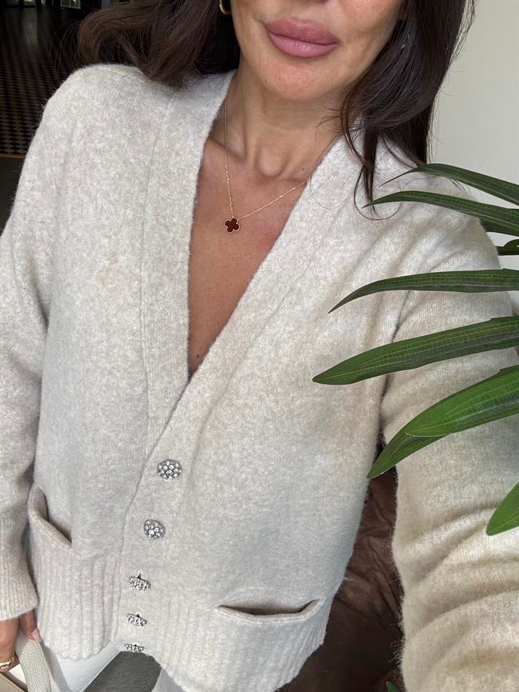 Açık Bej Melanj V Yaka Taş Düğmeli Cepli Yumuşak Dokulu Hırka