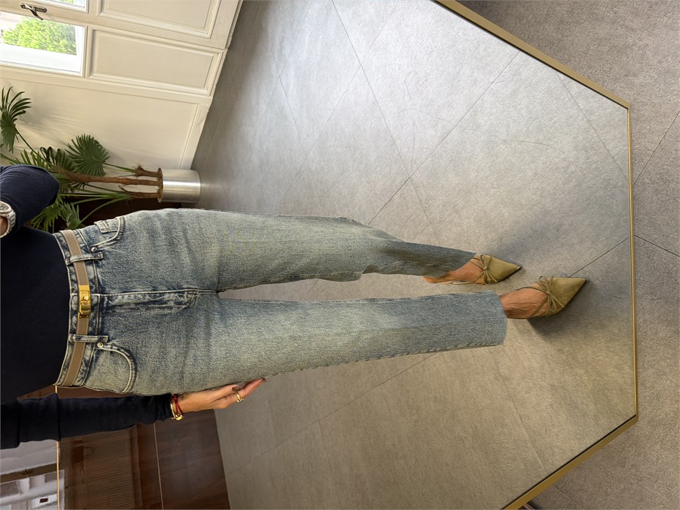 Açık Mavi Çizgi Ütü Straight Jean Pantolon