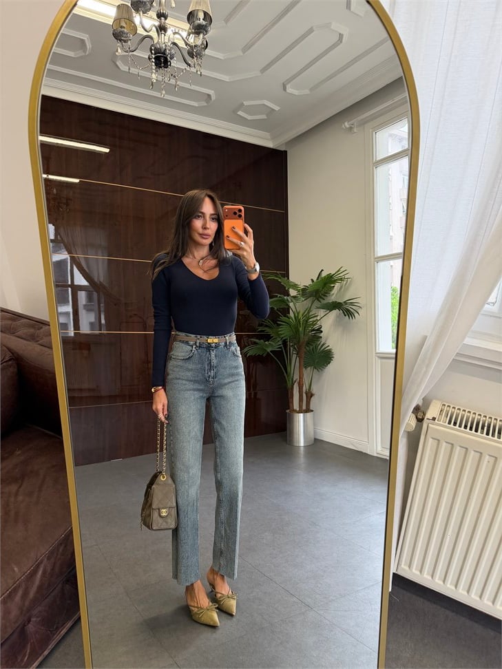 Açık Mavi Çizgi Ütü Straight Jean Pantolon