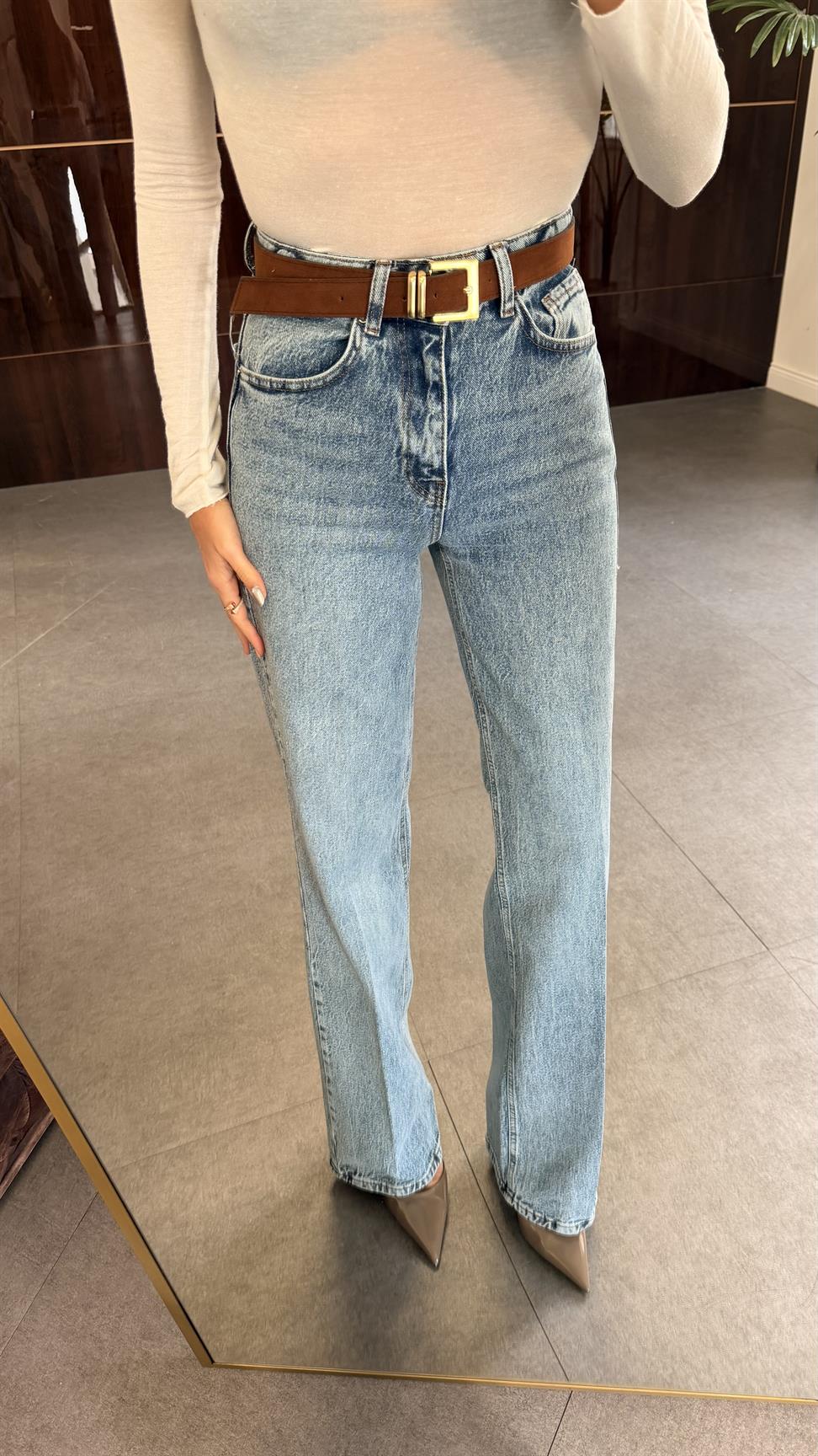 Açık Mavi Süet Kemerli Wide-Leg Jean Pantolon