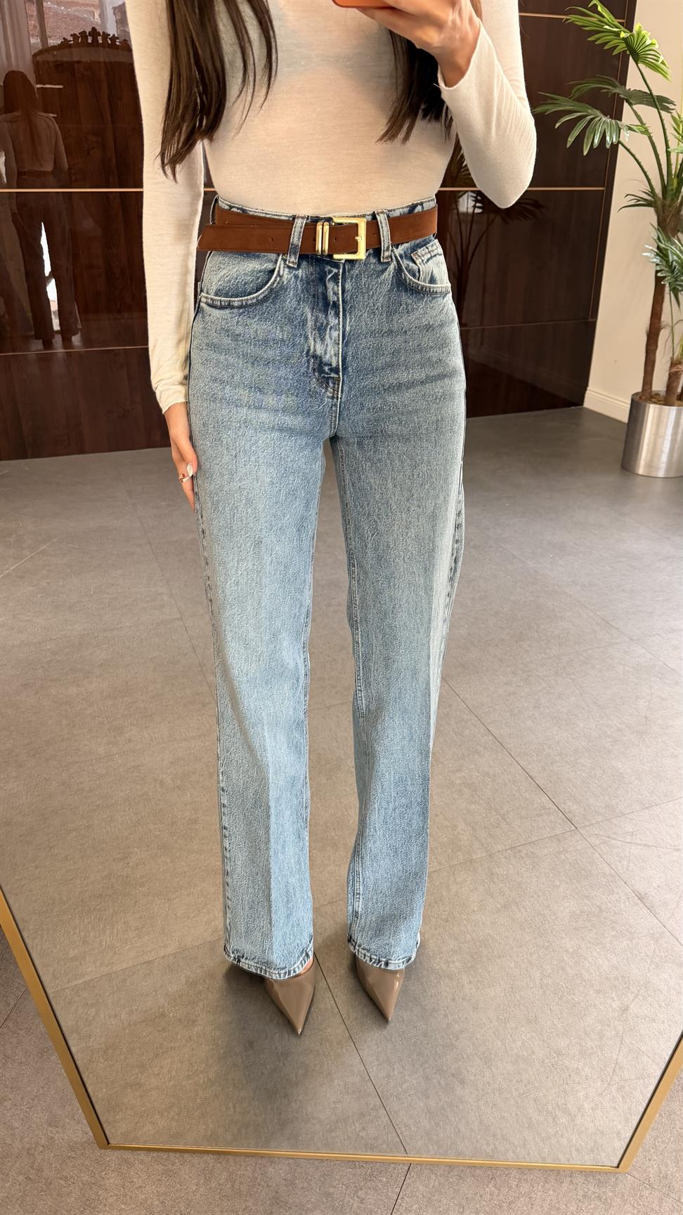 Açık Mavi Süet Kemerli Wide-Leg Jean Pantolon