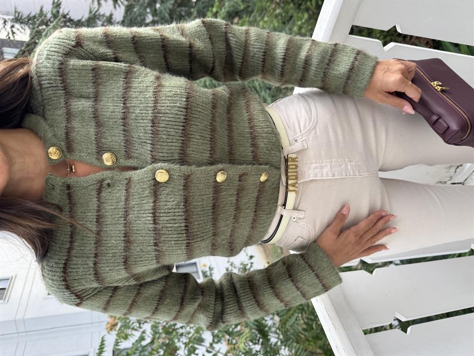 Açık Yeşil-Acı Kahve Şardonlu İnce Çizgili Hırka