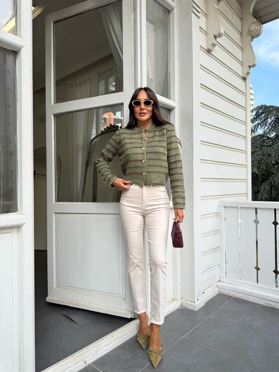 Açık Yeşil-Acı Kahve Şardonlu İnce Çizgili Hırka