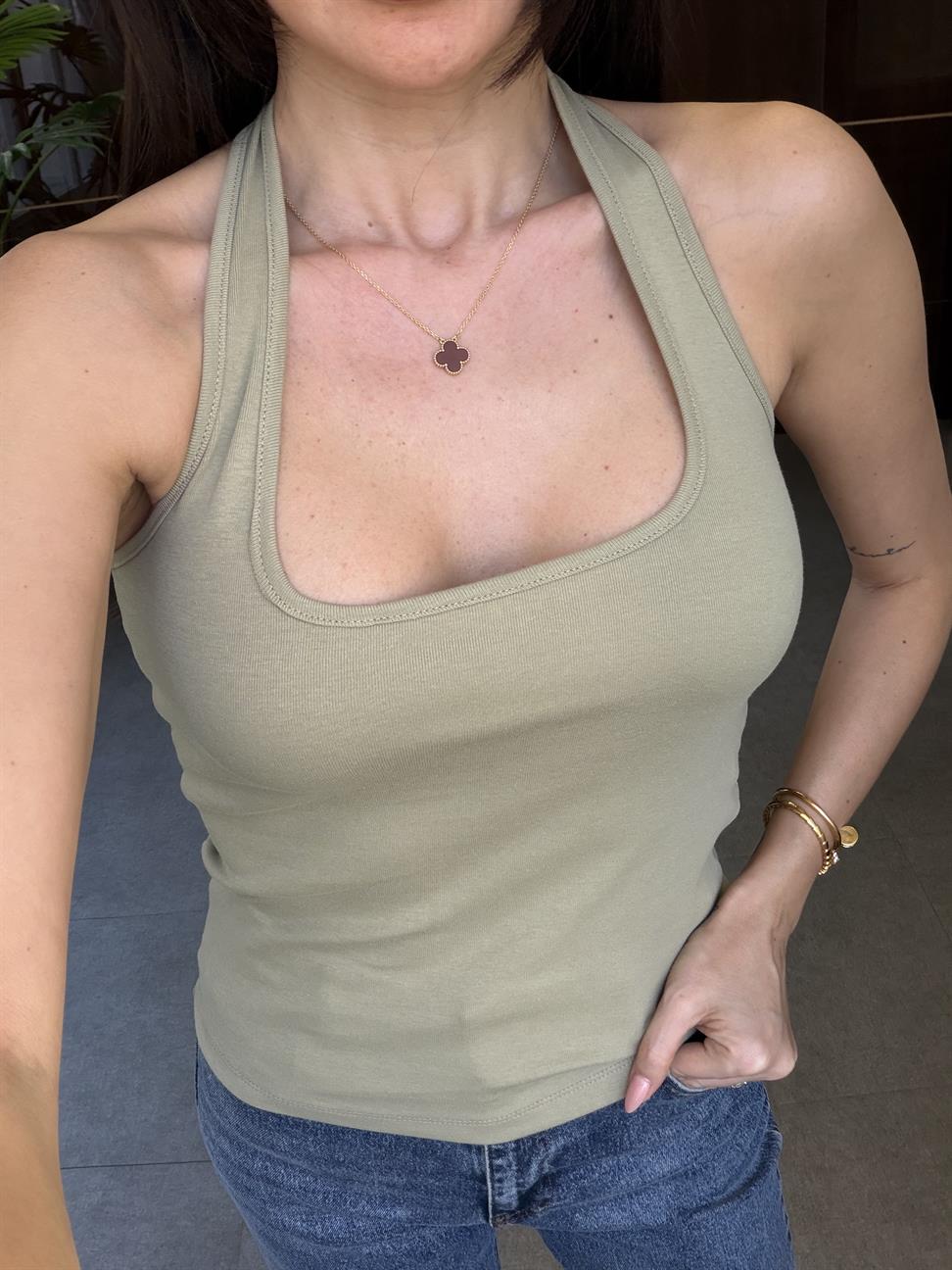 Adaçayı Halter Kesim Fitted Bluz