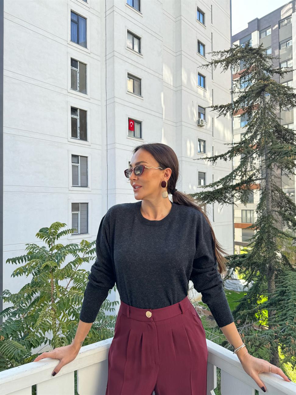 Antrasit Basic Bisiklet Yaka Triko