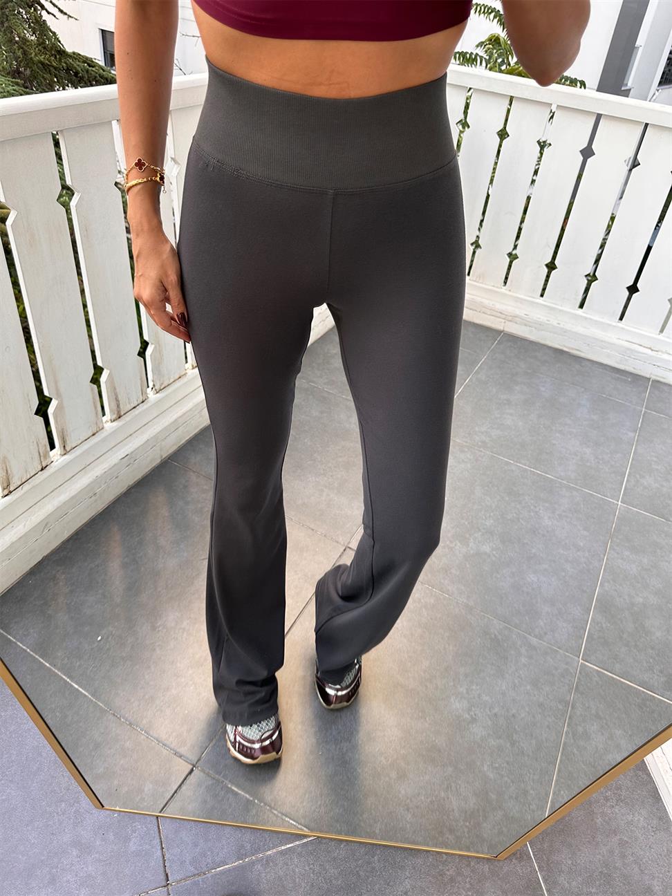 Antrasit Beli Fitilli İspanyol Paça Tayt Pantolon