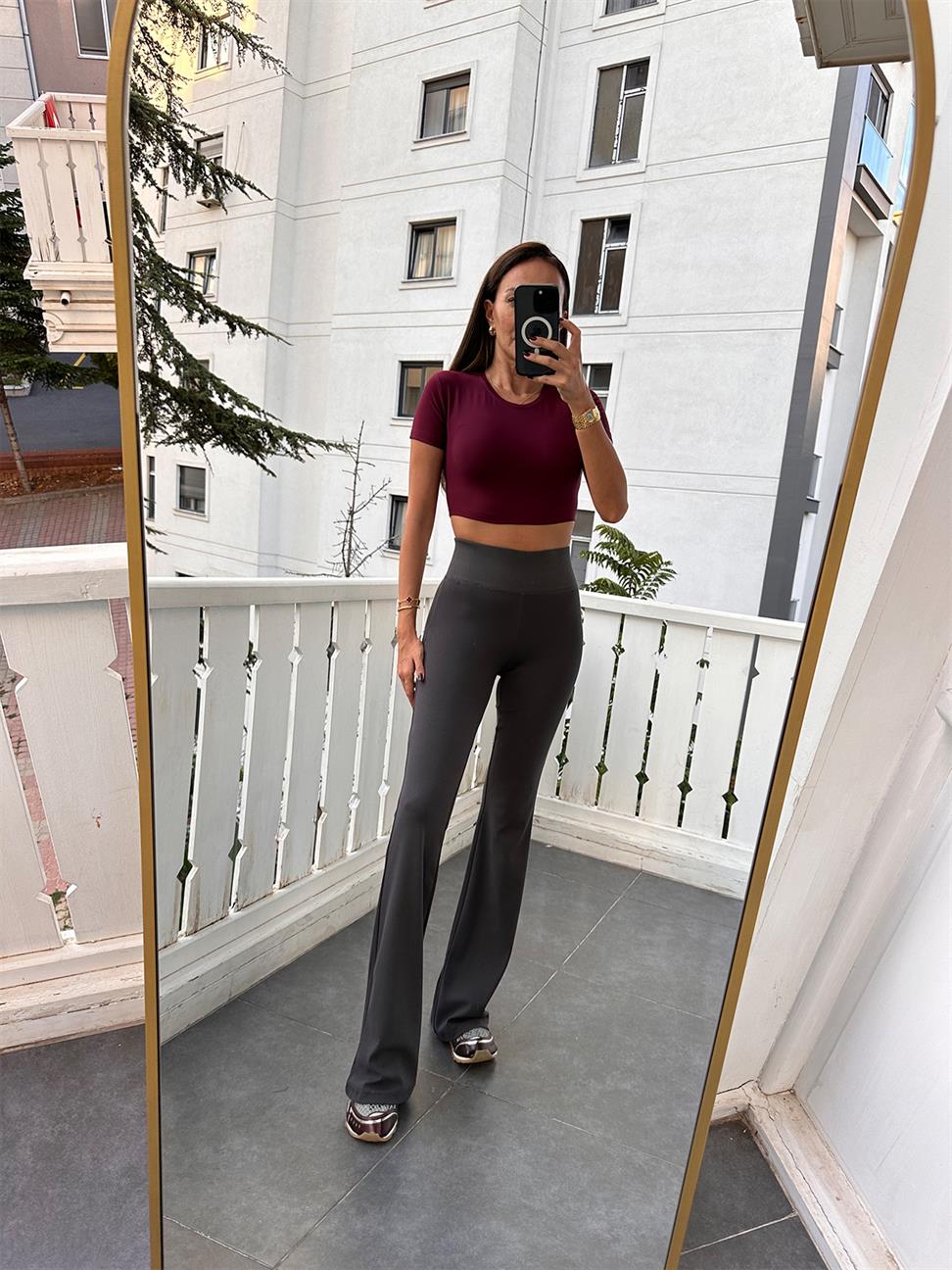 Antrasit Beli Fitilli İspanyol Paça Tayt Pantolon