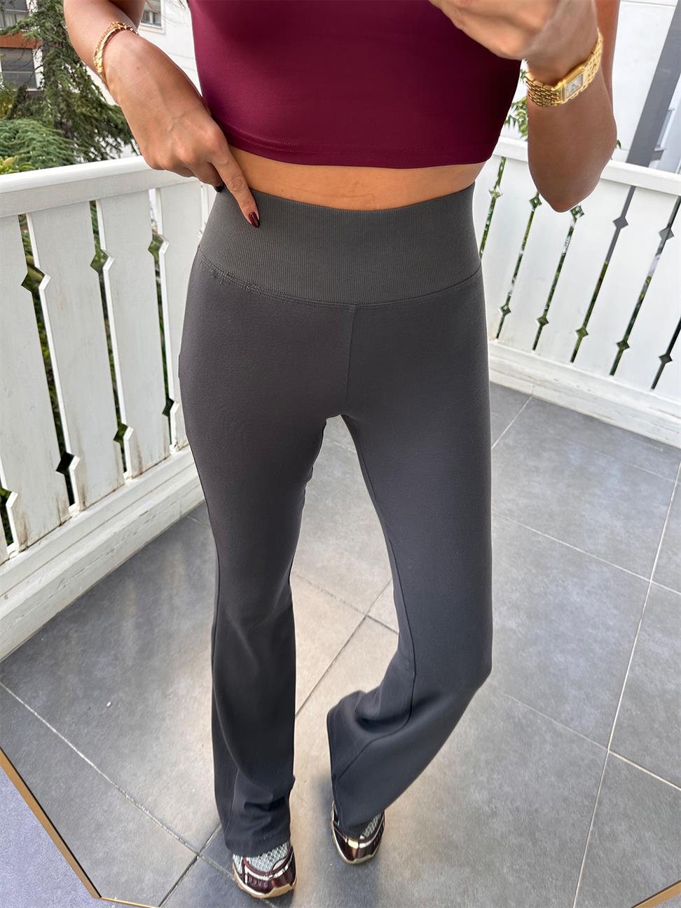 Antrasit Beli Fitilli İspanyol Paça Tayt Pantolon