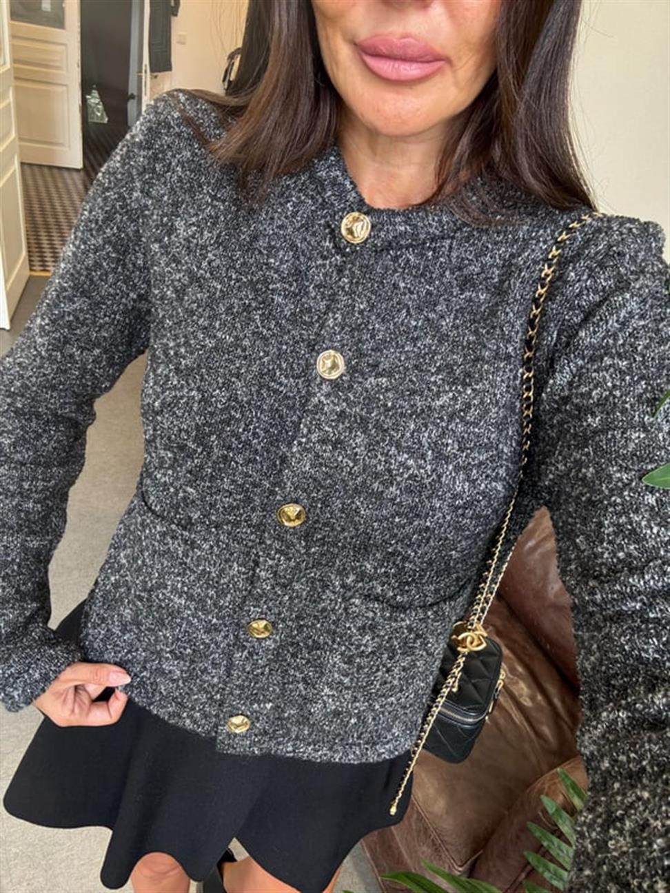 Antrasit Bisiklet Yaka Buklet Cepli Düğmeli Triko Hırka