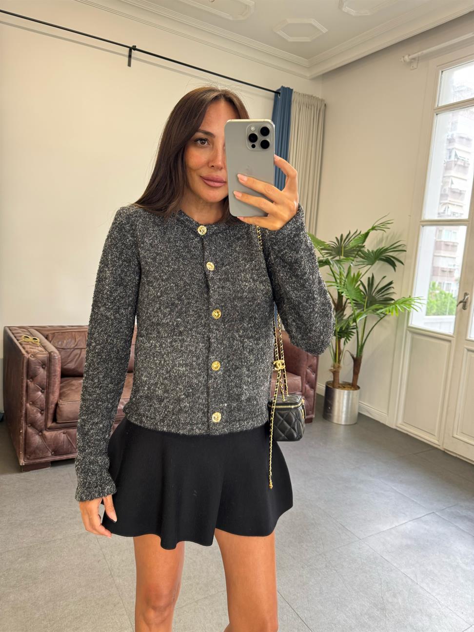 Antrasit Bisiklet Yaka Düğmeli Triko Hırka