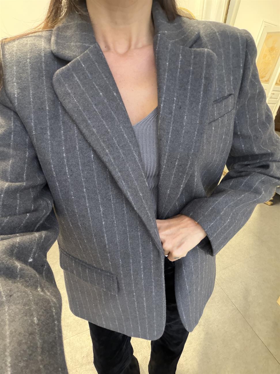 Antrasit Çizgili Kemerli Blazer Ceket