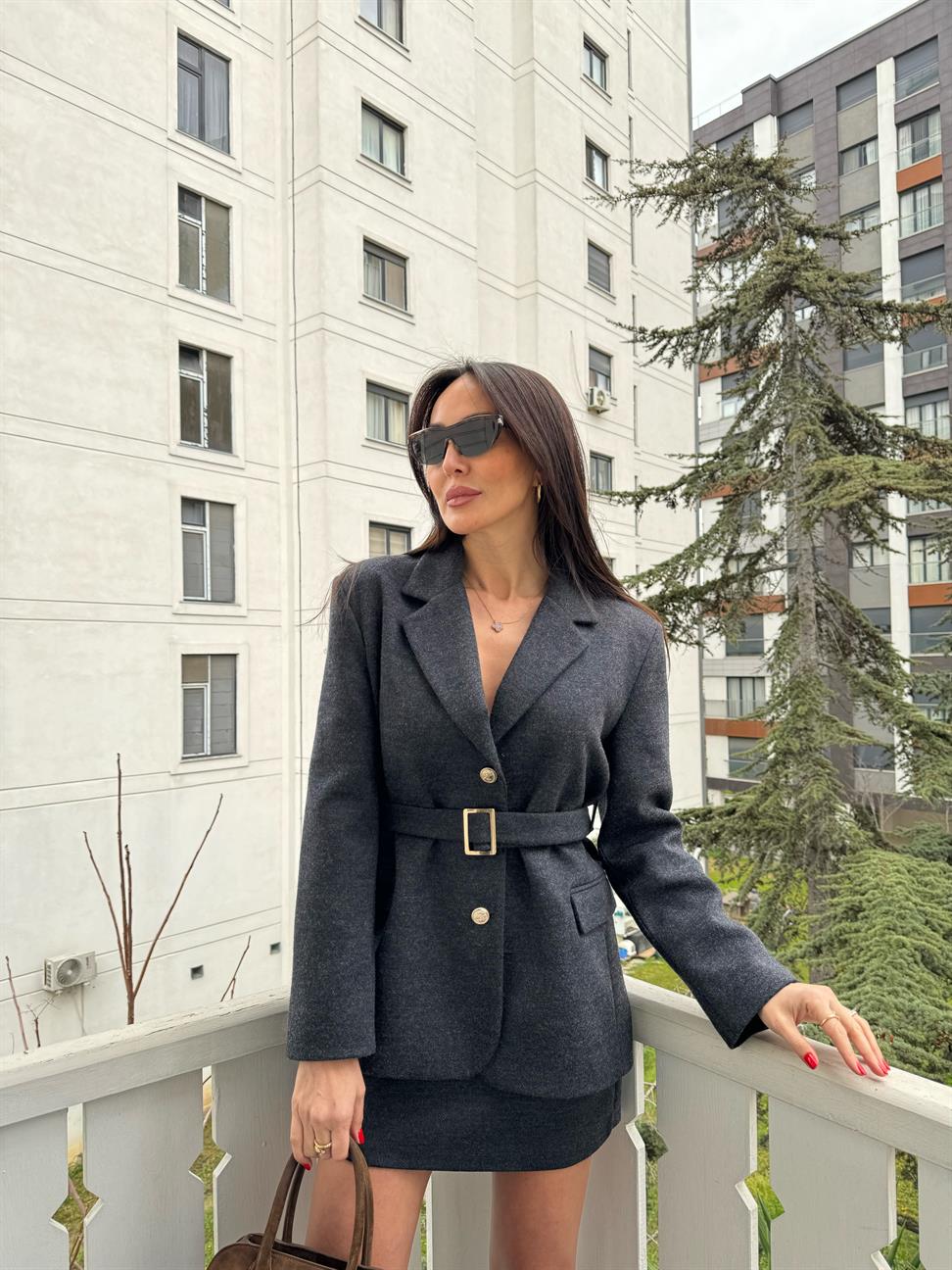 Antrasit Kemerli Ceket Etek Takım