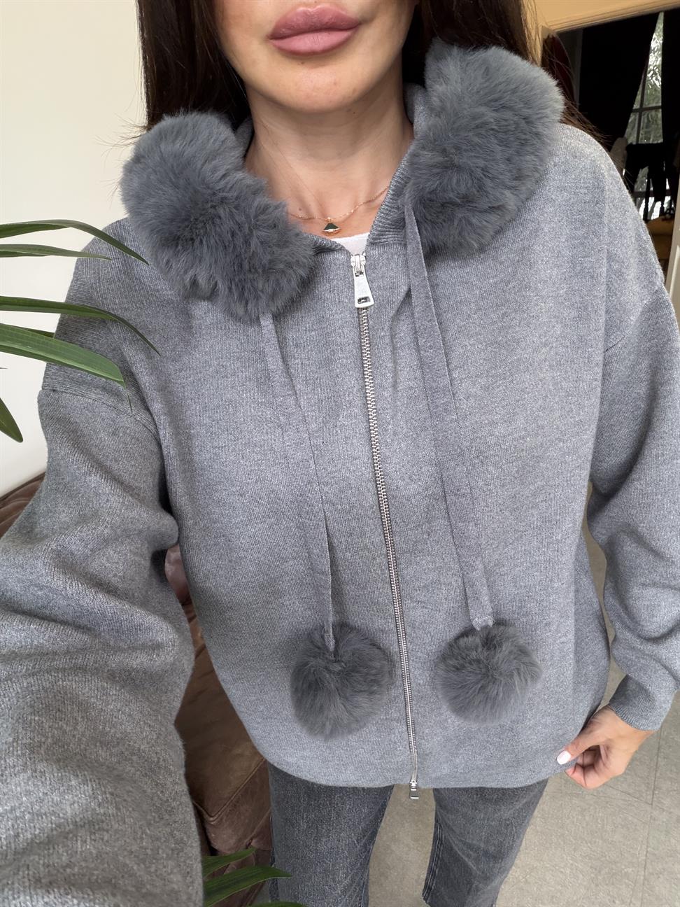 Antrasit Korsman Kürklü Fermuarlı Kazak