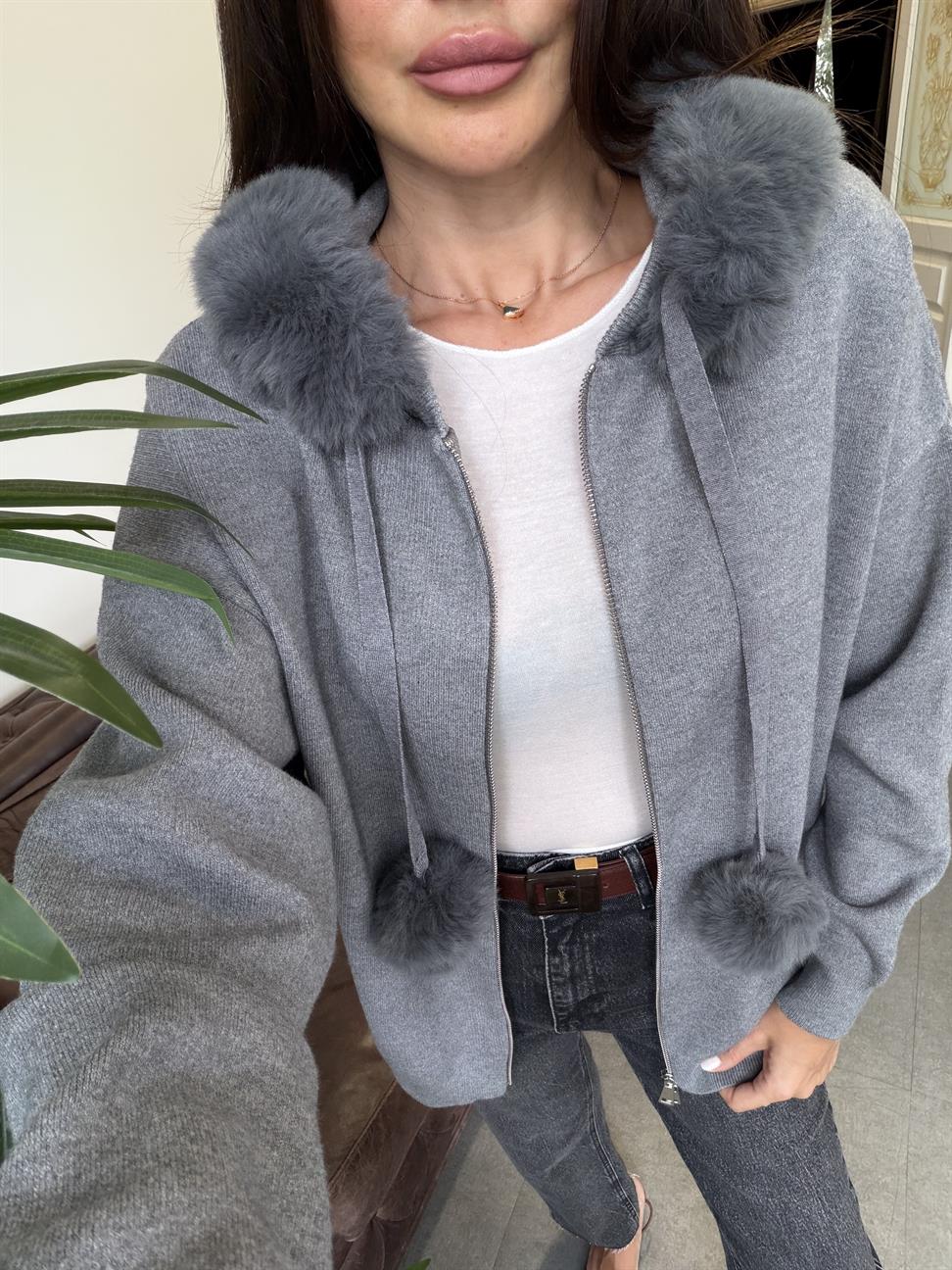 Antrasit Korsman Kürklü Fermuarlı Kazak