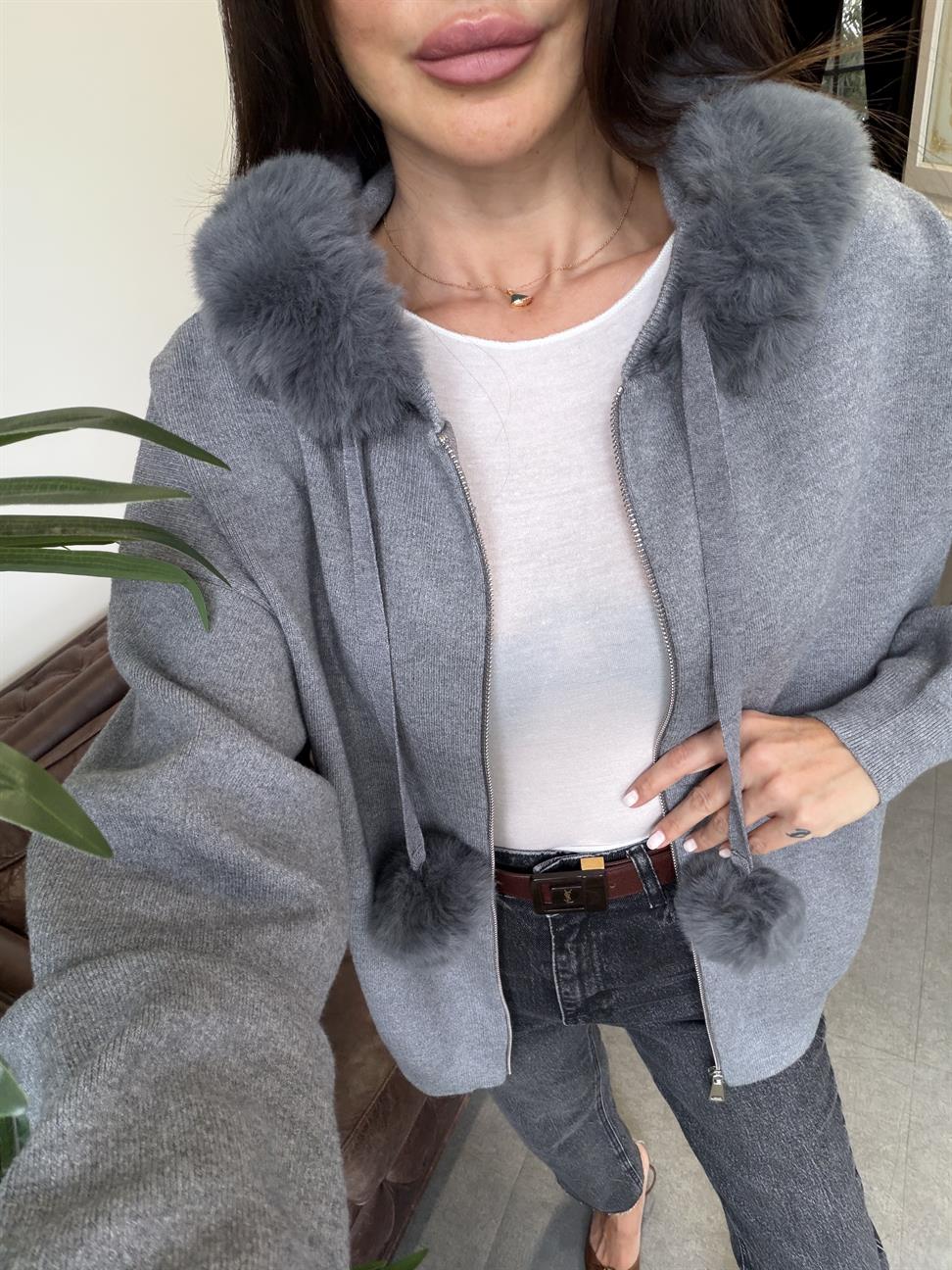 Antrasit Korsman Kürklü Fermuarlı Kazak