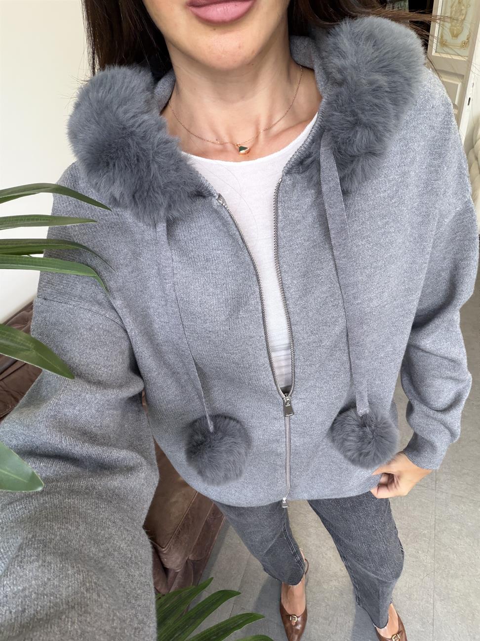 Antrasit Korsman Kürklü Fermuarlı Kazak