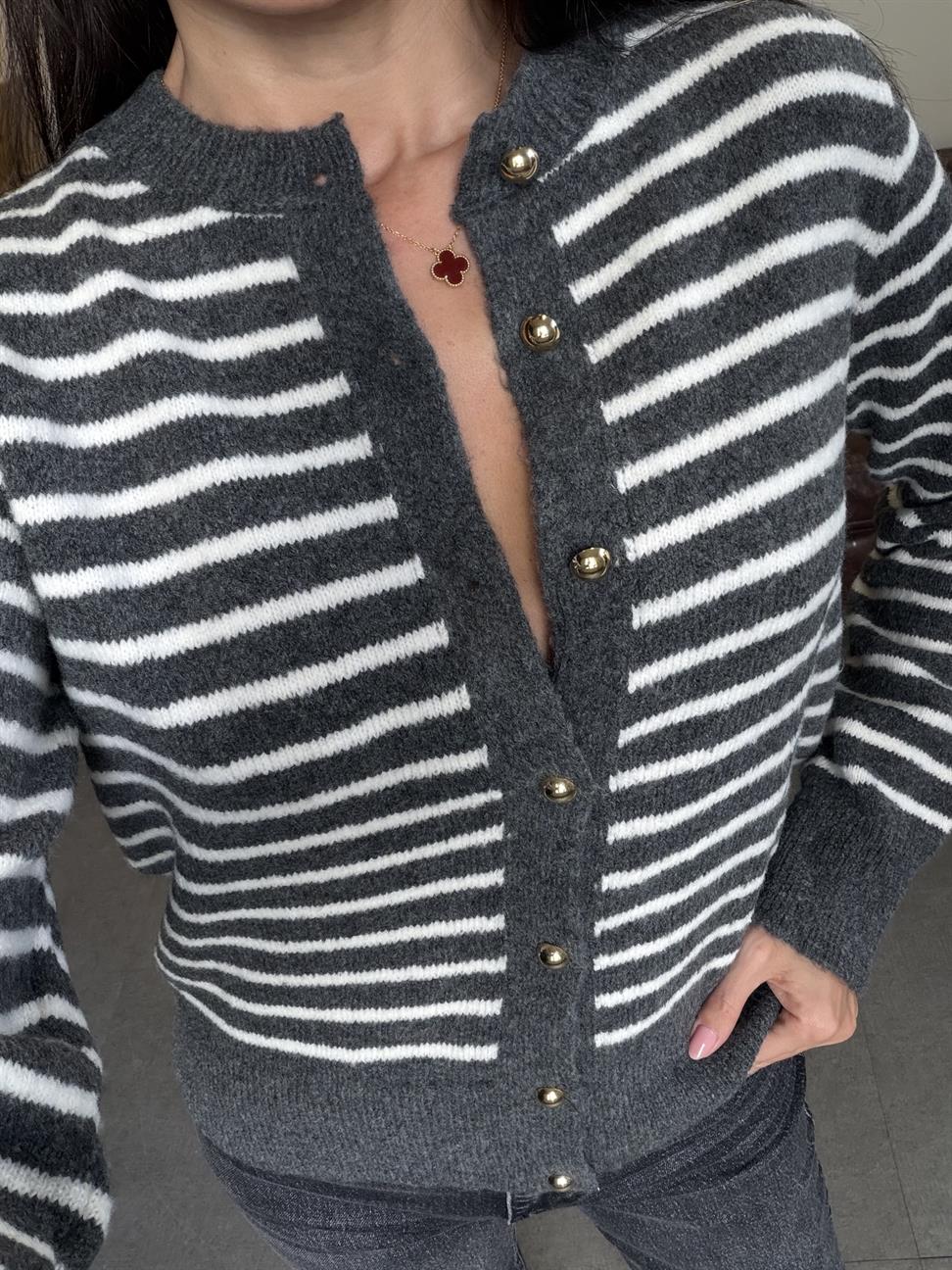 Antrasit-Krem İnce Çizgili Hırka