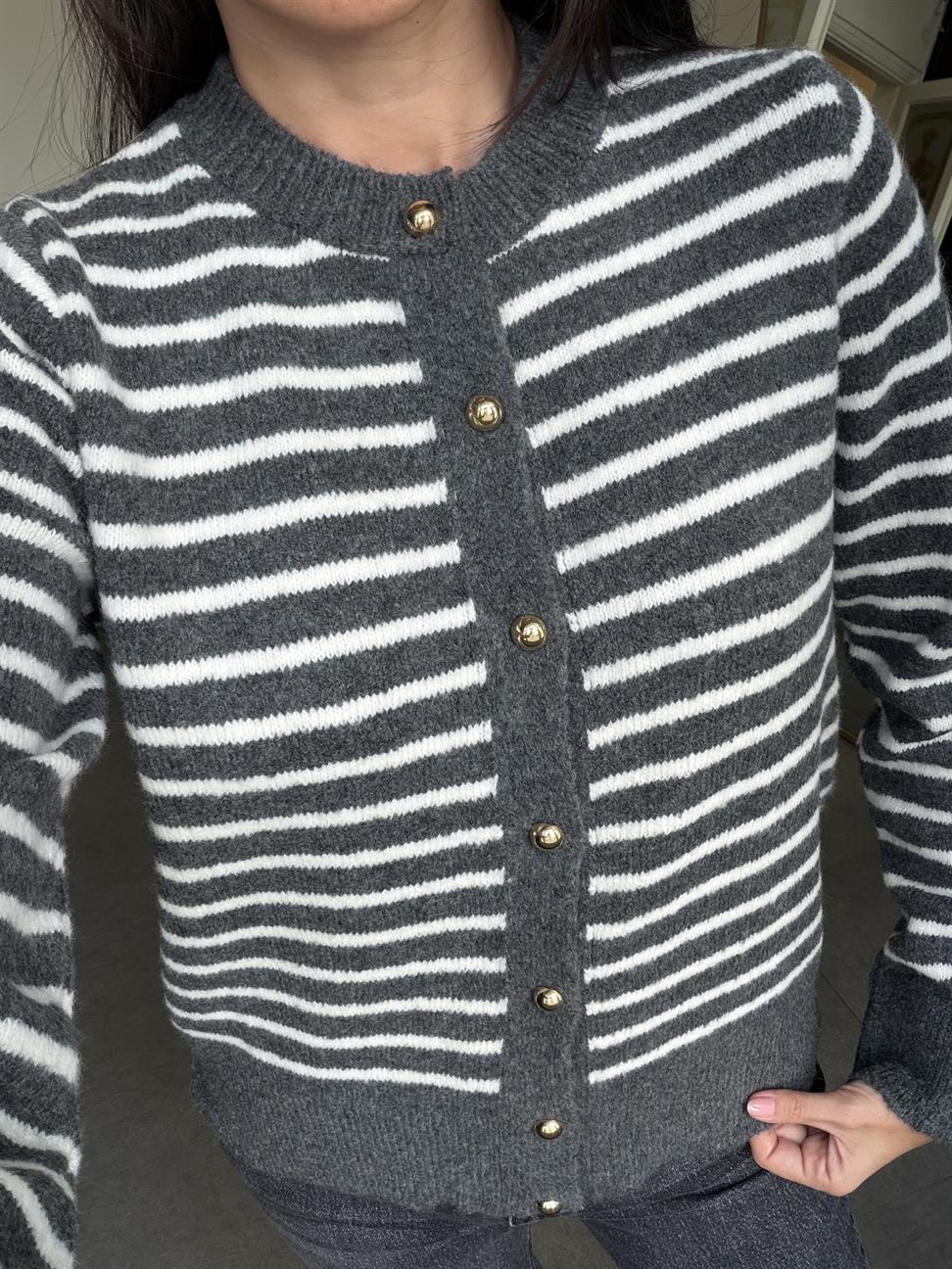 Antrasit-Krem İnce Çizgili Hırka