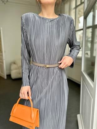 Antrasit Pilise Midi Boy Kadın Elbise