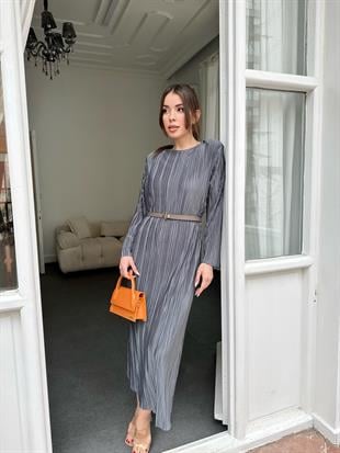 Antrasit Pilise Midi Boy Kadın Elbise