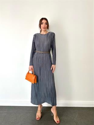 Antrasit Pilise Midi Boy Kadın Elbise