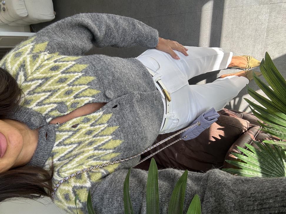 Antrasit Sıfır Yaka Geometrik Desen  Hırka