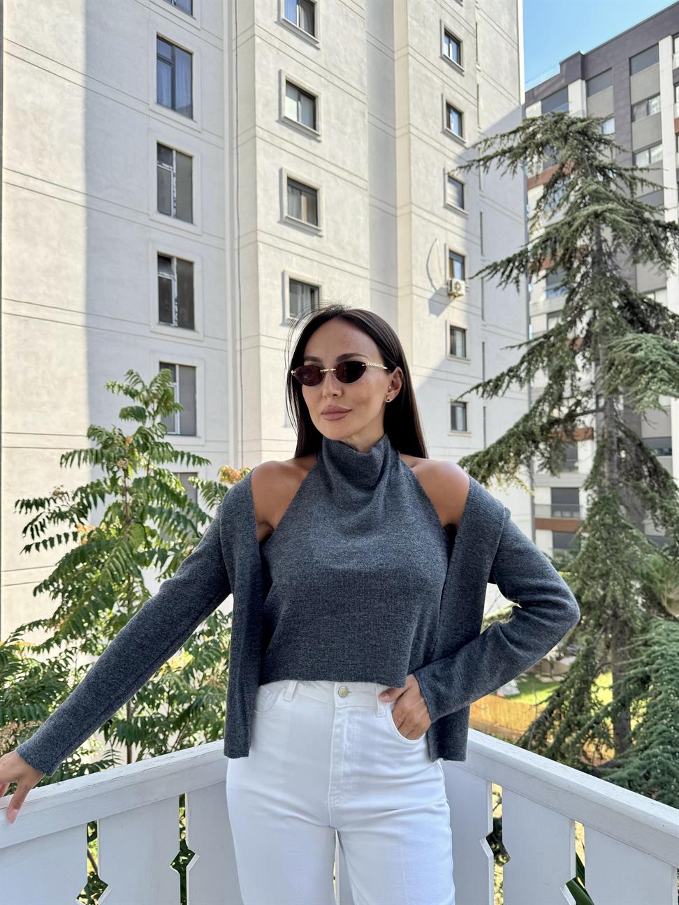 Antrasit Tasarım Bluzlu Hırka