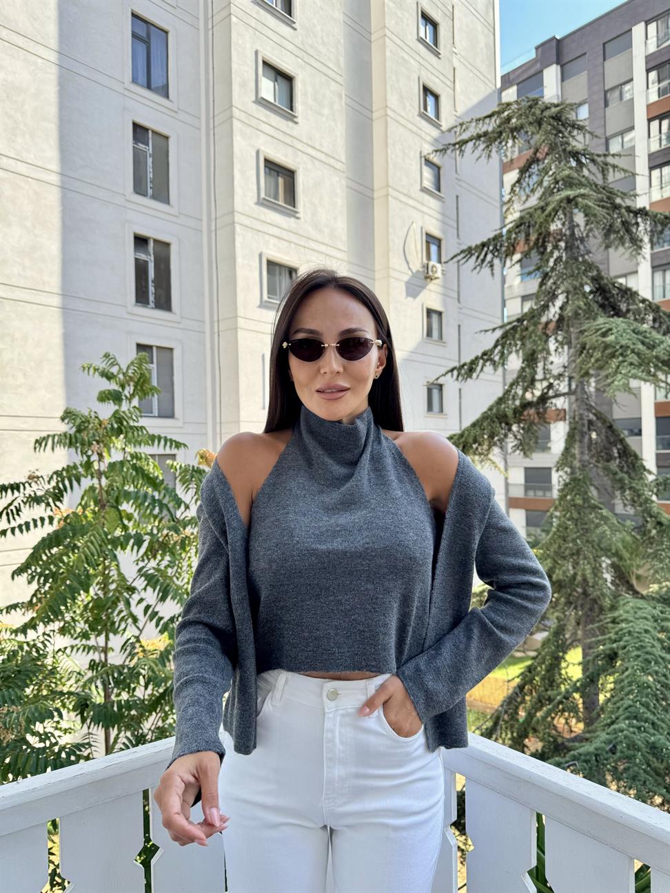 Antrasit Tasarım Bluzlu Hırka