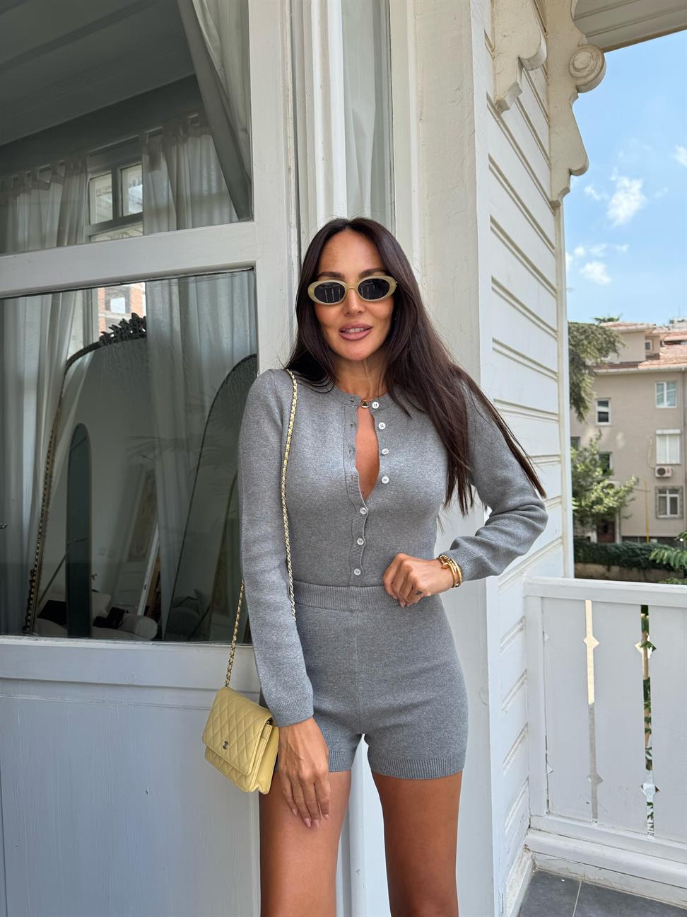 Antrasit Triko Bodysuit Şortlu Takım