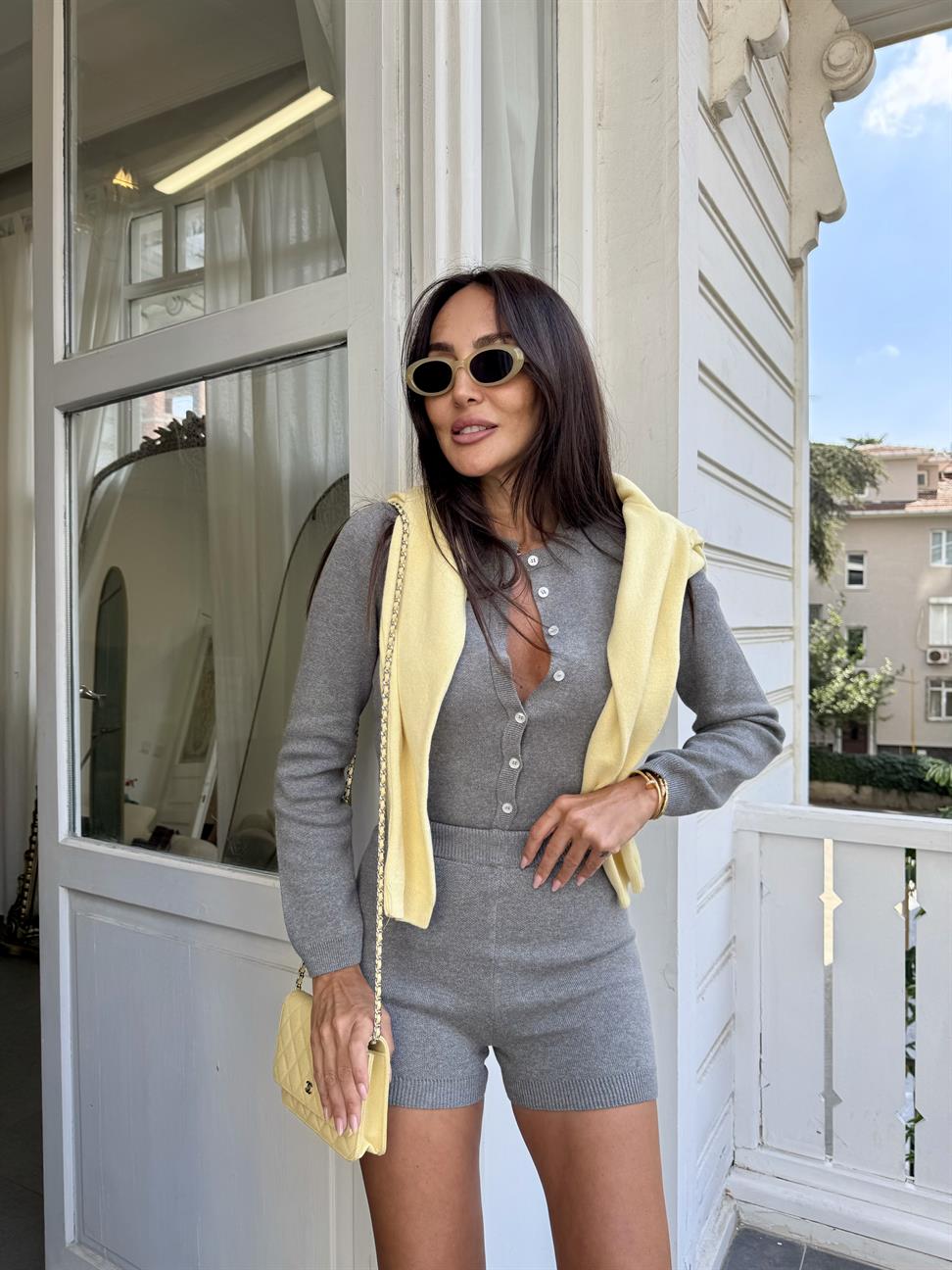 Antrasit Triko Bodysuit Şortlu Takım