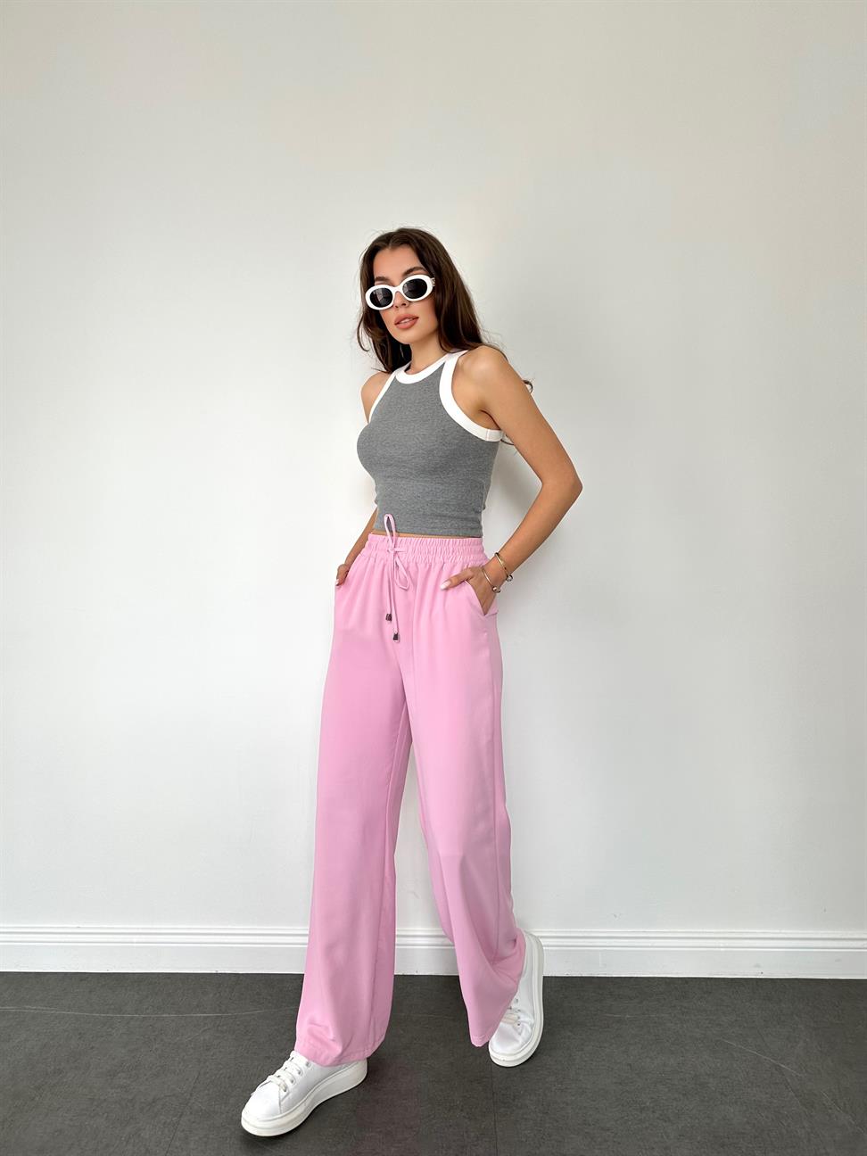 Antrasit Yakası Şeritli Atlet Bluz