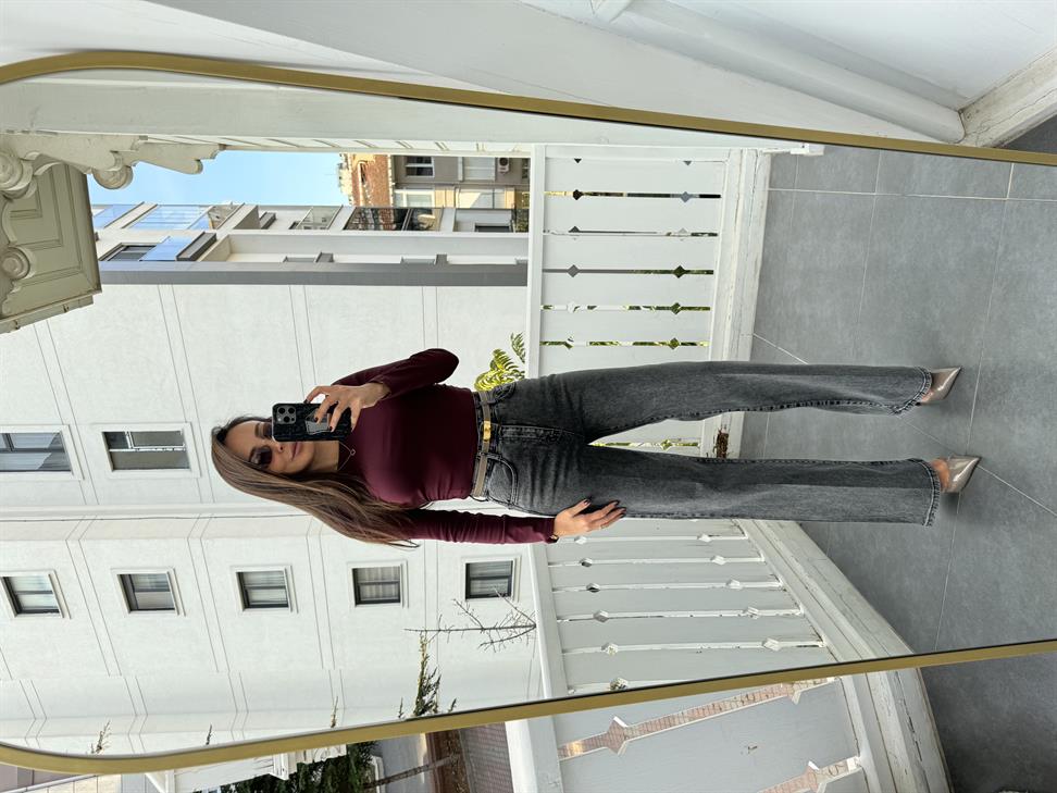 Antrasit Yüksek Bel Bol Paça Jean