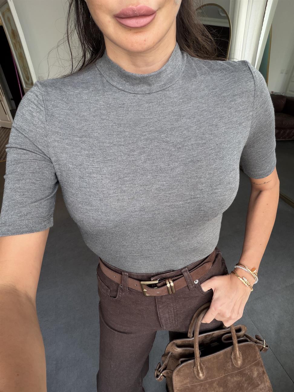 Antrasit Yüksek Yakalı Bluz