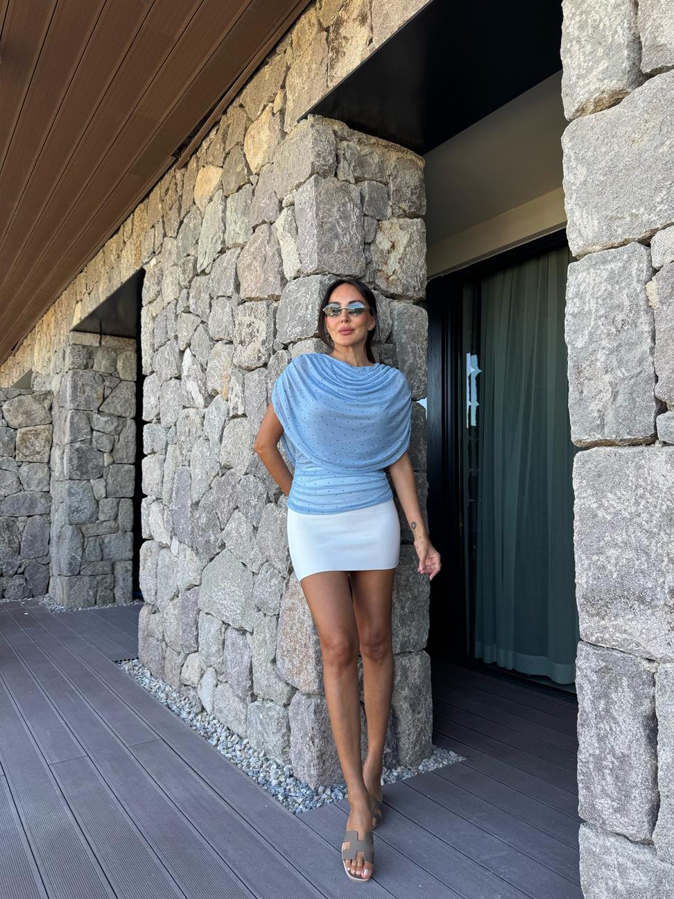 Bebe Mavisi Puantiyeli Dökümlü Bluz