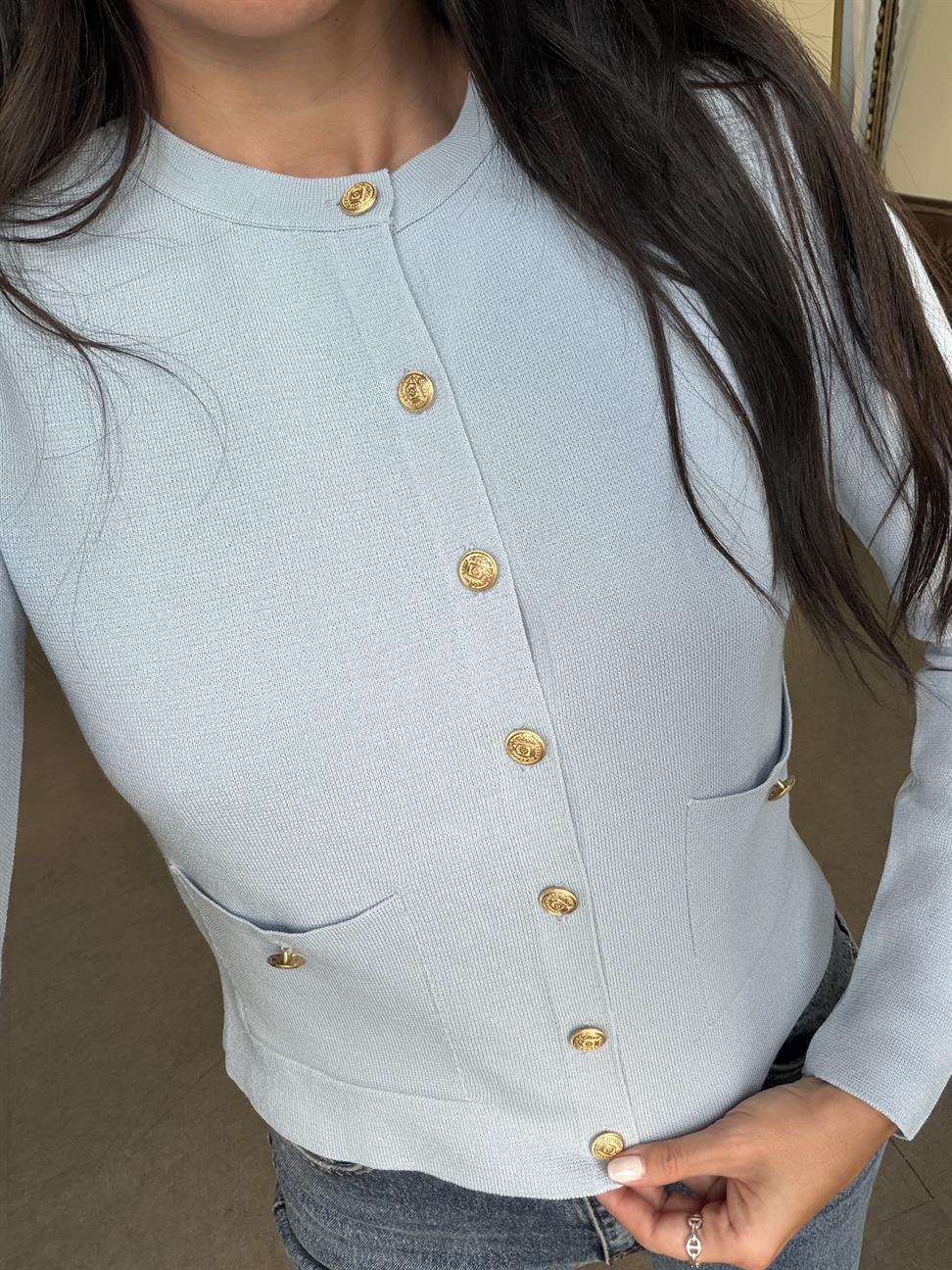 Bebe Mavisi Gold Düğmeli Cepli Hırka