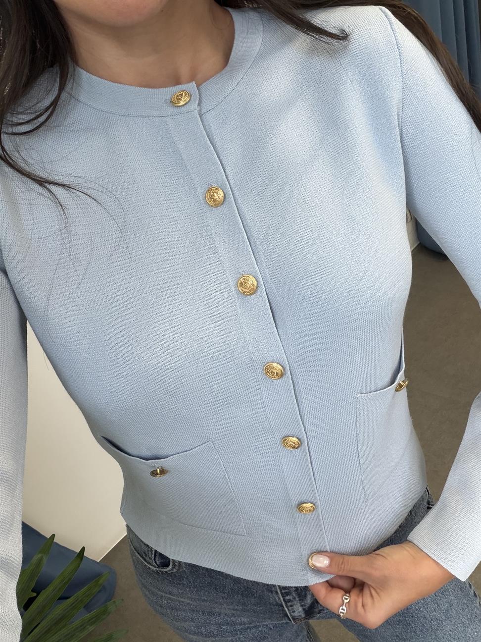 Bebe Mavisi Gold Düğmeli Cepli Hırka