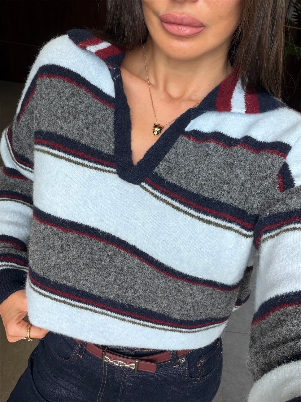 Bebe Mavisi Polo V Yakalı Şeritli Hırka