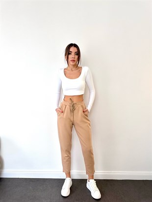 Bej Bağcıklı Düz Paça Modal Eşofman