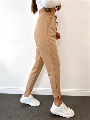 Bej Bağcıklı Düz Paça Modal Eşofman