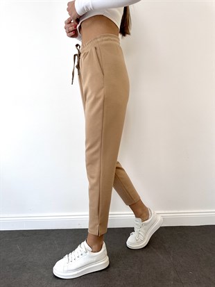 Bej Bağcıklı Düz Paça Modal Eşofman