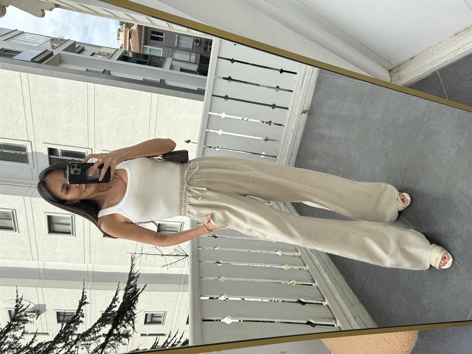 Bej Bağcıklı ve Lastikli Keten Pantolon