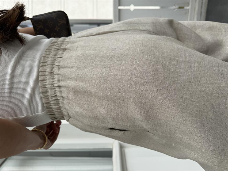 Bej Bağcıklı ve Lastikli Keten Pantolon