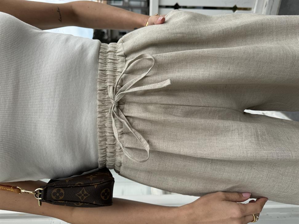 Bej Bağcıklı ve Lastikli Keten Pantolon