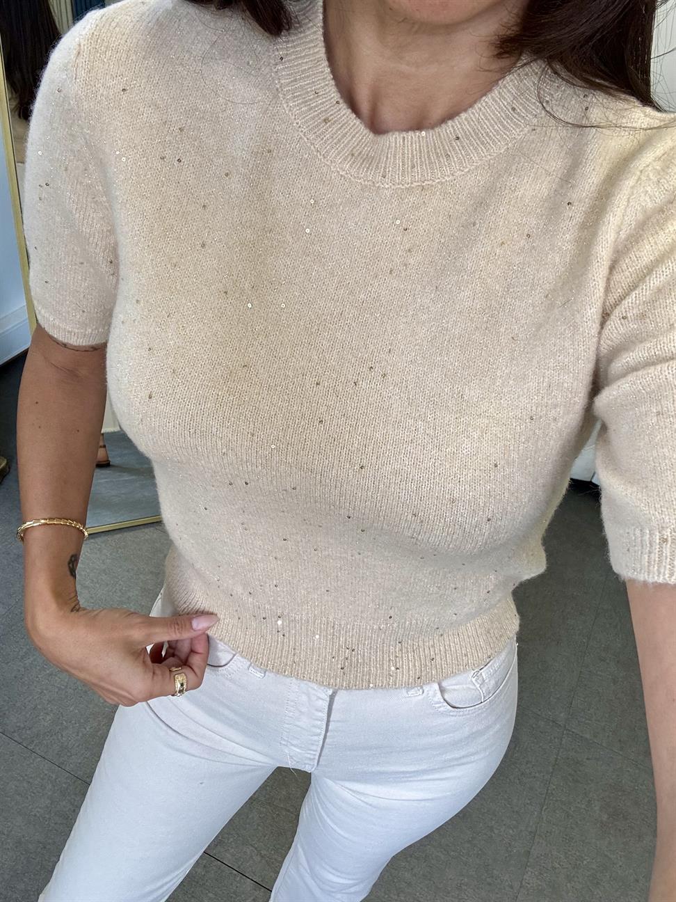 Bej Bisiklet Yaka Pullu Simli Triko Kazak