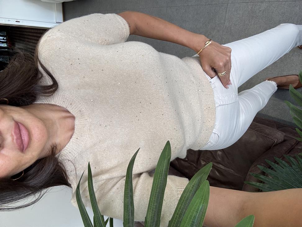 Bej Bisiklet Yaka Pullu Simli Triko Kazak