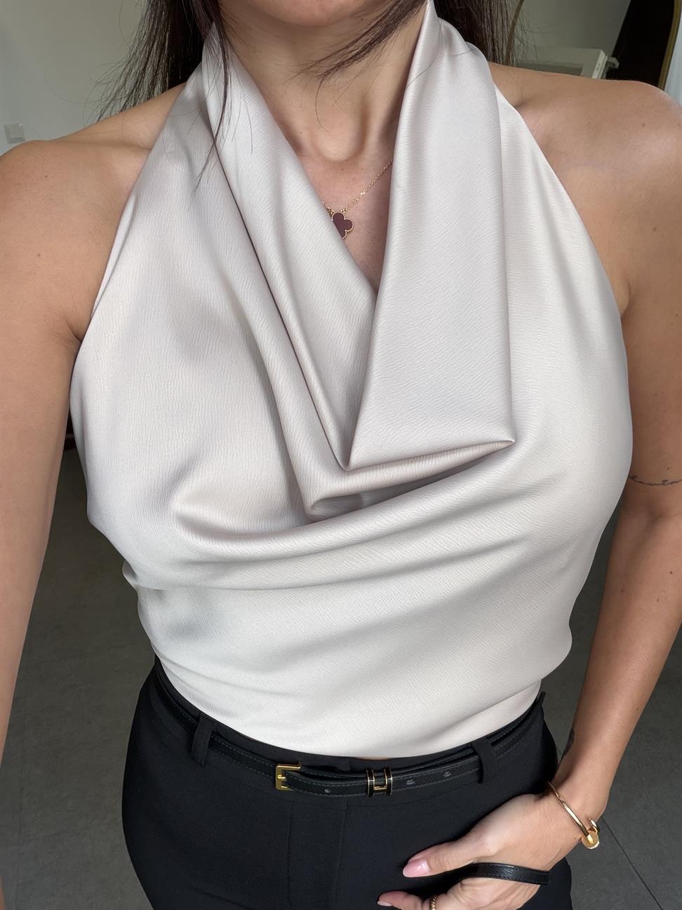 Bej Degaje Yaka Saten Bluz