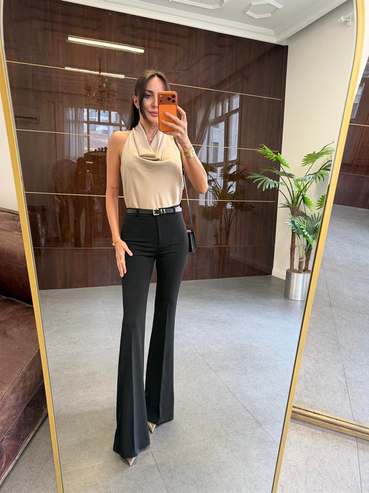 Bej Degaje Yaka Saten Bluz