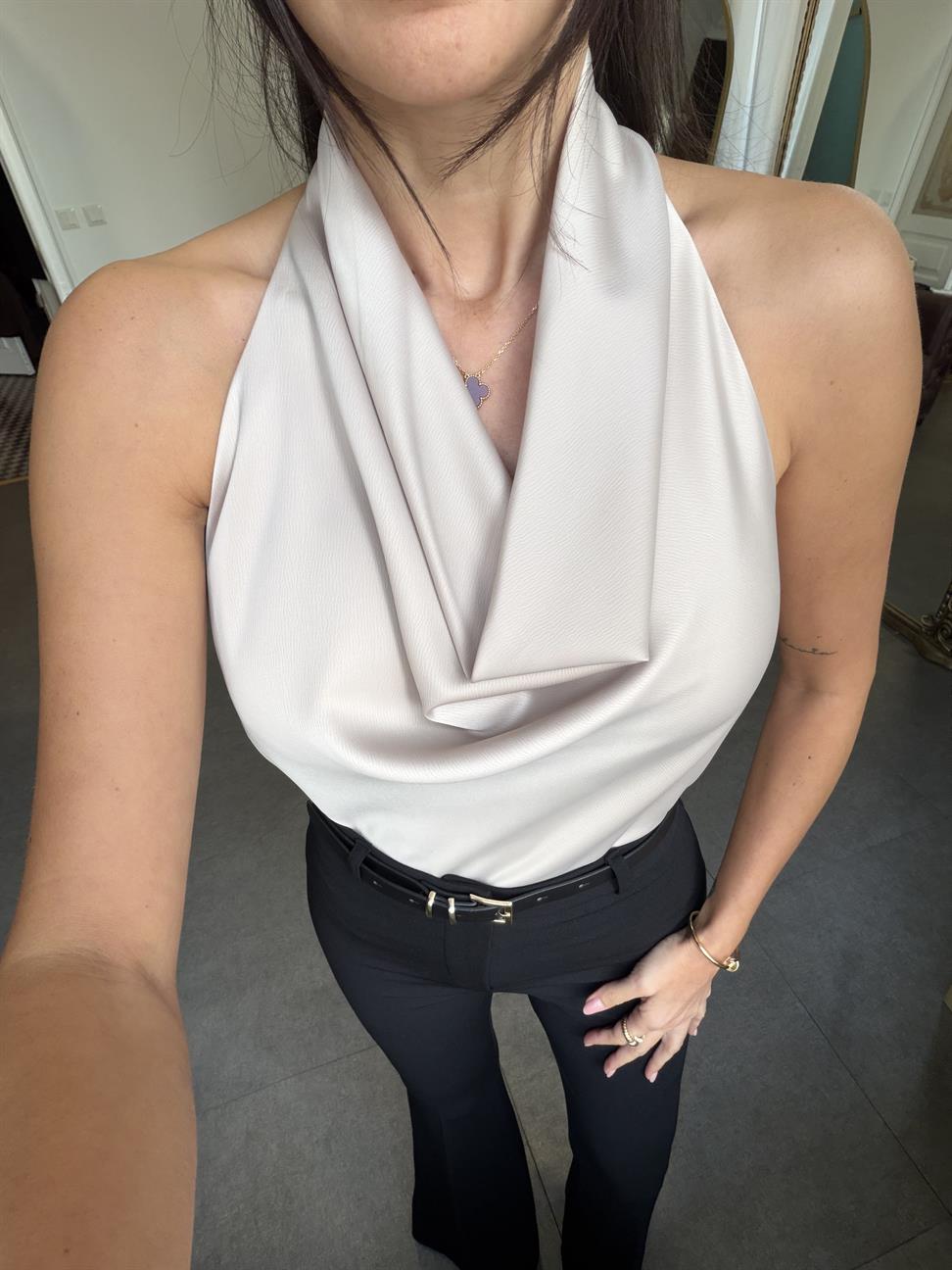 Bej Degaje Yaka Saten Bluz