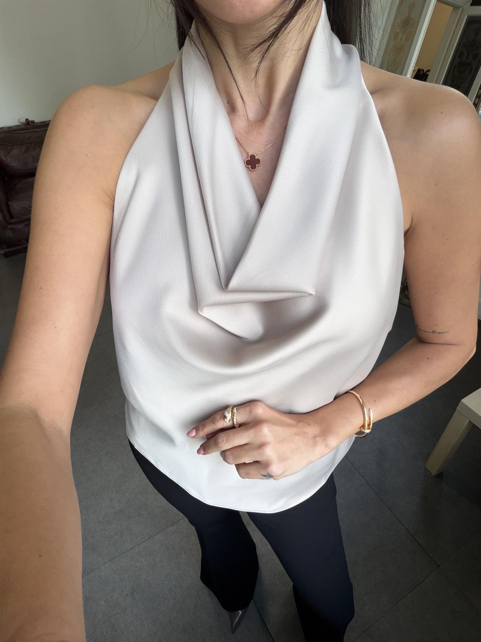 Bej Degaje Yaka Saten Bluz